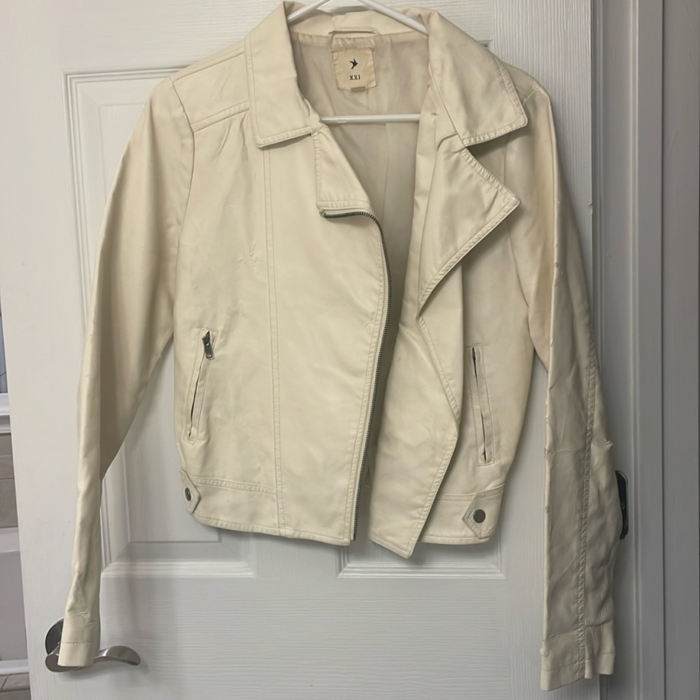 Cream Faux Leather Jacket with Side Zipper